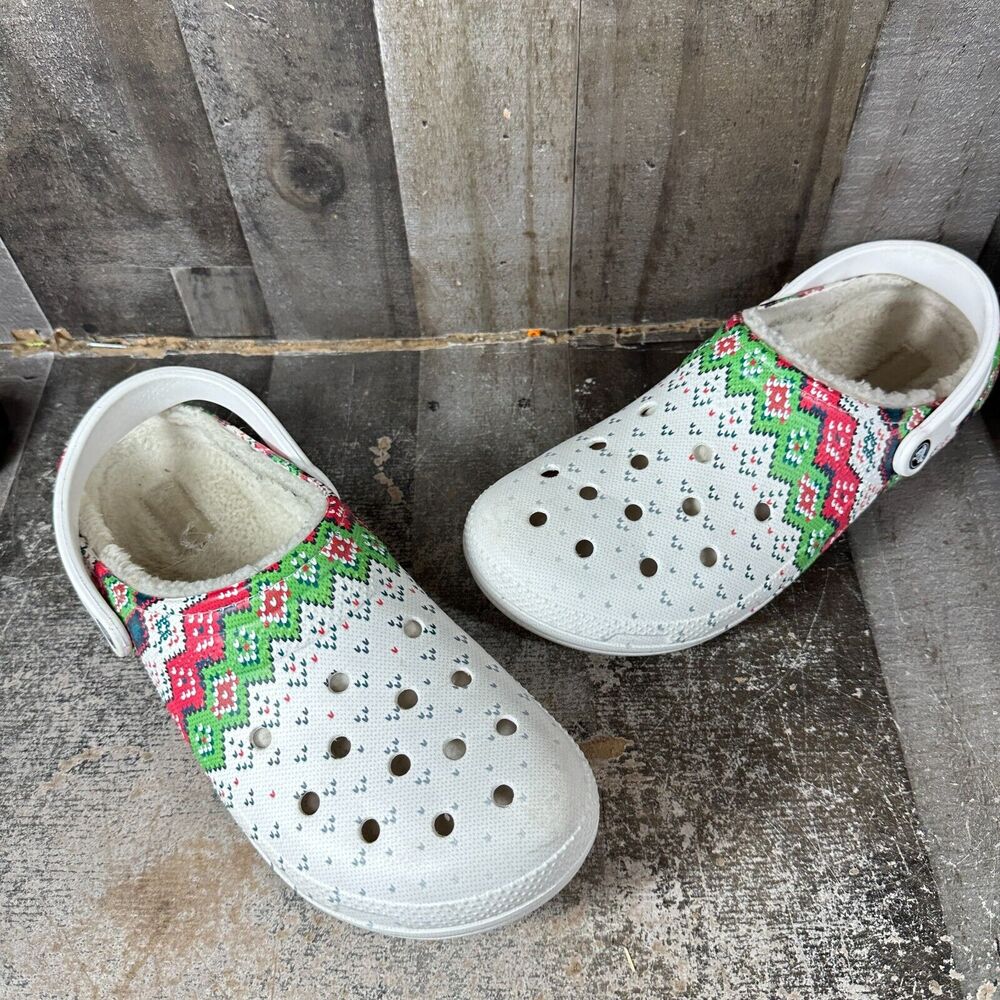 Crocs Unisex-Adult Classic Lined Holiday Clogs Mens 13 White/Red Sweater